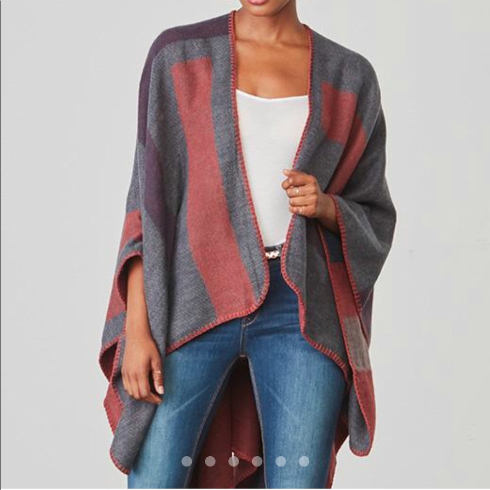 Women's BB Dakota Gray and Rust Open-Front Poncho Sweater